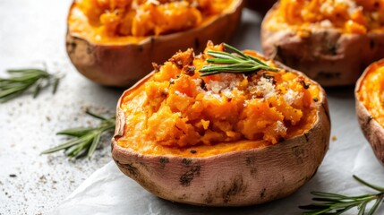 Baked sweet potatoes filled with creamy mashed filling and topped with herbs and seasoning