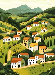 A Green Village Landscape With Houses and Mountains