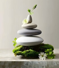 Stack of Stones with Flowers and Moss on a Table