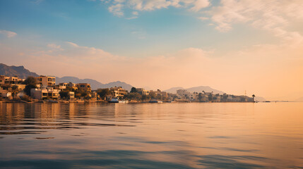 Obraz premium Serene Sundown in the Gulf: A Transparent Dance of Colors Between Sky, Sea, and Land