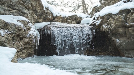 Winter waterfall cascades over icy rocks in a serene forest setting