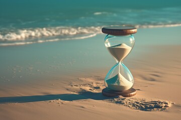Hourglass on white sand beach