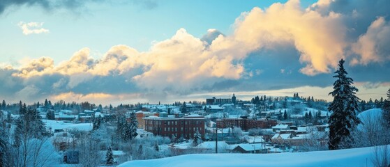 Fototapeta premium Winter sunset over a snowy town in the northern region showcasing a tranquil landscape