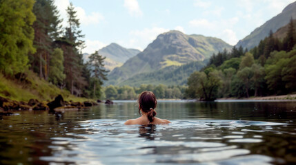 young woman swimming in a Scottish lake or loch