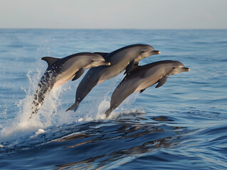 Fototapeta premium Three dolphins gracefully leap out of the water, their movements captured in mid-air perfection.