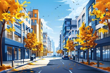 Obraz premium Autumn Day in the City with Buildings and Yellow Leaves