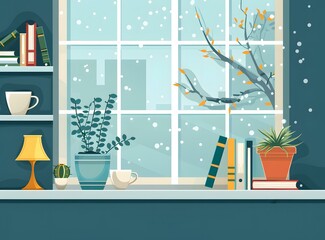 Winter Windowsill with Plants, Books and a Lamp