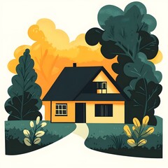 Yellow House Illustration with Green Trees