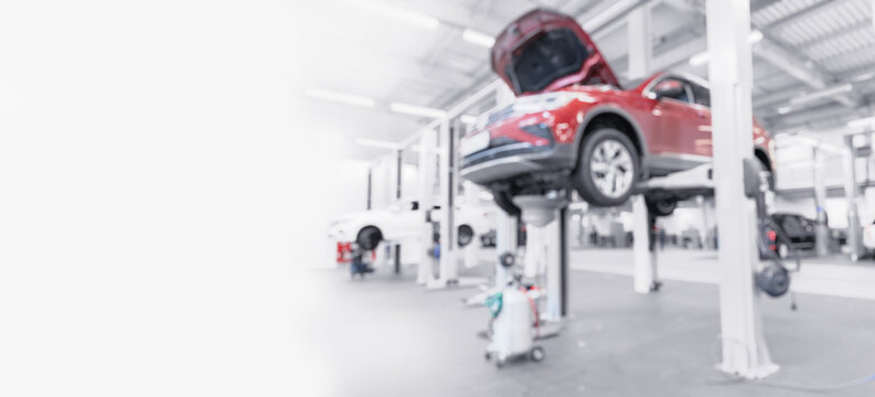 Banner car service centre auto repair workshop, blurred background, copy space.