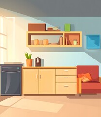 Cartoon Kitchen Illustration with Wooden Cabinets and a Comfortable Chair