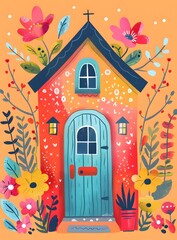Colorful Cottage Illustration with Flowers