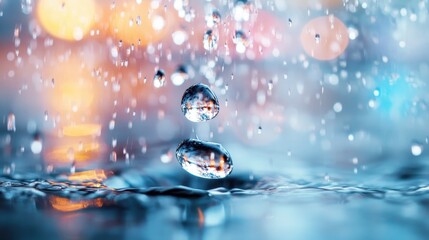 An artistic close-up of a raindrop captured in midair just before impact, with a background of colorful bokeh lights, illustrating the beauty and dynamism of water in motion.