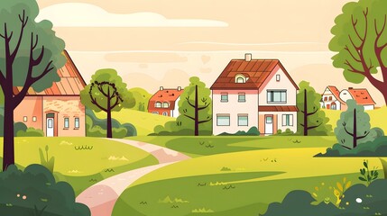 Naklejka premium Cartoon Illustration of a Small Village with Houses and Trees