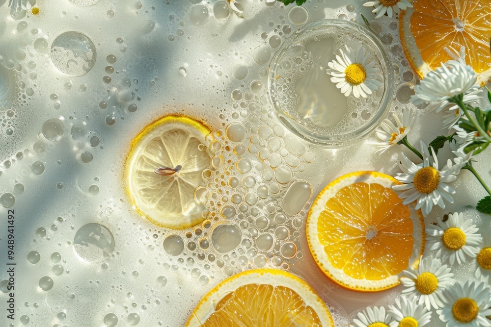 Poster fresh citrus slices with bubbles and daisies on a light background create a refreshing spring atmosp