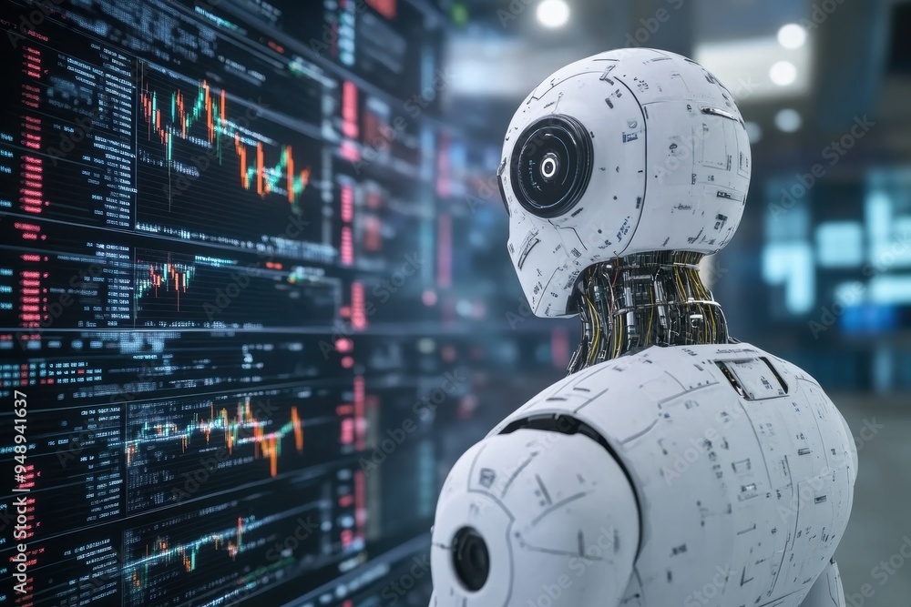 Poster a humanoid robot analyzing financial data on digital screens in a modern office environment
