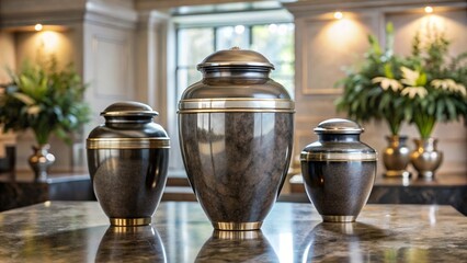 three different size of urns with ashes, covered with lids, stand on a marble table in a funeral home
