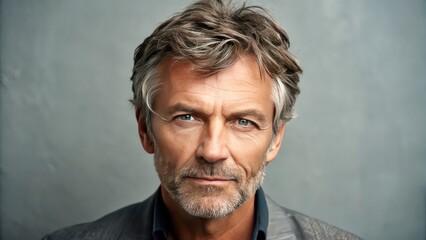 Obraz premium A confident middle-aged man with a stylishly messy brown haircut and hint of graying temples gazes directly ahead with a friendly, approachable expression.