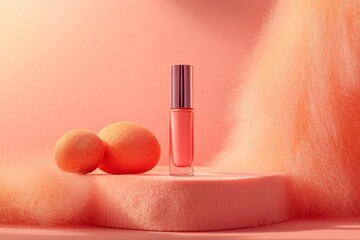 Lip gloss with peach tones surrounded by soft fabric and round sponges.