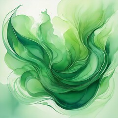 Beautiful abstraction of green liquid paints in slow blending flow mixing together gently