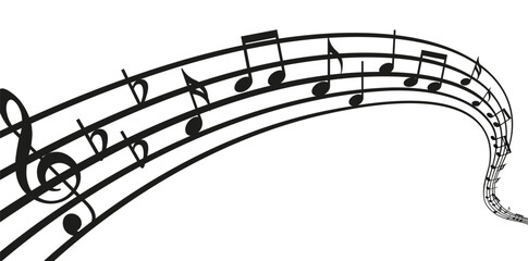 Musical wave melody. Music notes on white background. Staff treble clef notes. Vector illustration of music sound