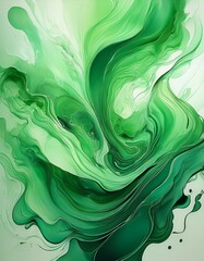 Beautiful abstraction of green liquid paints in slow blending flow mixing together gently