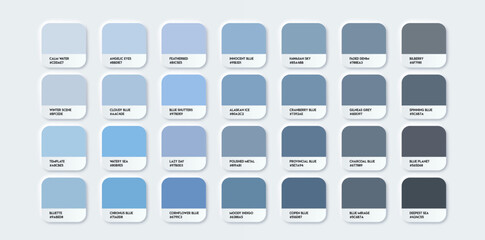 Blue color palette with color code and name. Color samples catalog. Blue with RGB HEX. Vector EPS 10