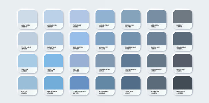 Blue color palette with color code and name. Color samples catalog. Blue with RGB HEX.  Vector EPS 10