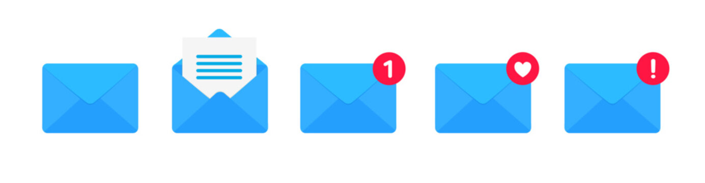 Blue mail envelope icon set with new message marker. Email letter notification with mark. Vector illustration