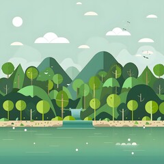 Flat Design Illustration of Green Nature Landscape with Waterfall and Mountains