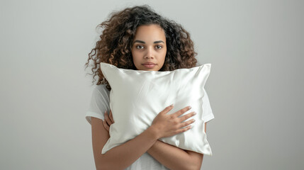 Fototapeta premium beautiful model holding her favorite pillow in front of white background 