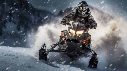 Snowmobile riding with fun in deep snow powder during backcountry tour. Neural network ai generated art