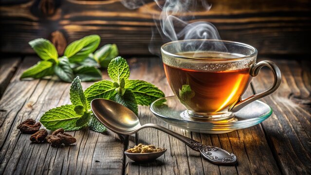 A delicate, antique silver spoon rests beside a steaming cup of aromatic loose-leaf tea, garnished with fresh mint leaves on a rustic wooden table.