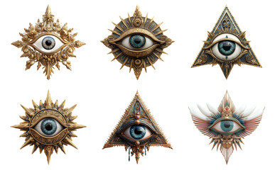 Collection of mystical eyes with decorative elements isolated on transparent background