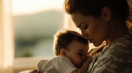 A heartwarming moment of a parent in military attire lovingly holding their child in a tender embrace, captured during the golden hour with soft lighting in the background.