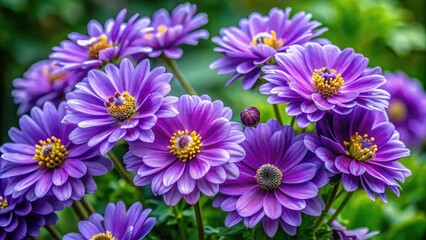 Obraz premium A delicate, intricate cluster of purple flowers with soft, velvety petals and golden anthers blooms amidst lush, emerald-green foliage in a serene, natural setting.