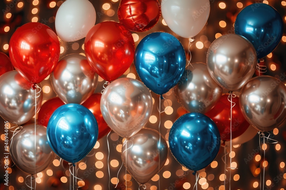 Poster a cluster of colorful balloons with string lights in the background
