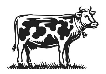 Cow grazing in the meadow, hand drawn sketch. Milk, dairy farm concept vector illustration design