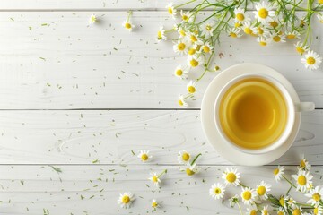 A cup of chamomile tea, shot from the top on a white wooden background with a bouquet of flowers and a place for text