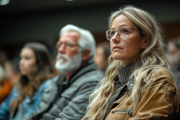 Government Accountability: Citizens watching government officials present at a public forum.