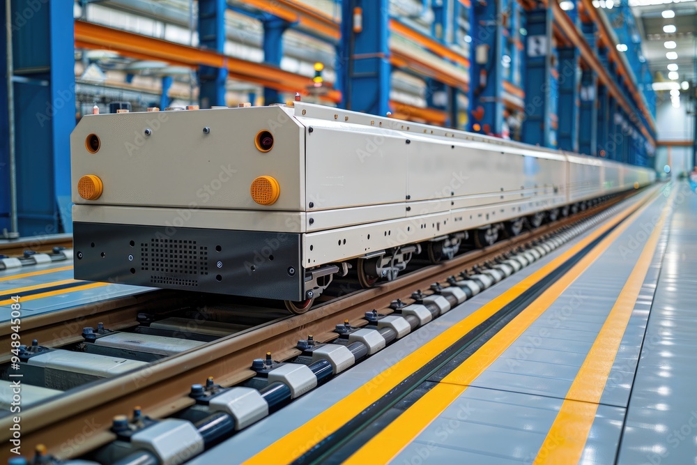 Poster automated guided vehicle (agv) on rails in a factory setting