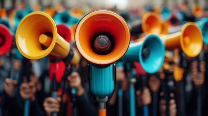 Public Voice: A crowd of people with microphones and megaphones symbolizing the voice of the public.