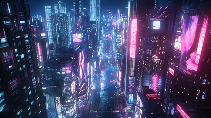 Fototapeta premium A cyberpunk cityscape at night, drenched in rain with glowing neon lights reflecting on wet streets, evoking a futuristic and dystopian atmosphere.