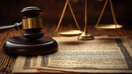 Rule of Law: A gavel and scales of justice in front of a constitution, symbolizing fairness.