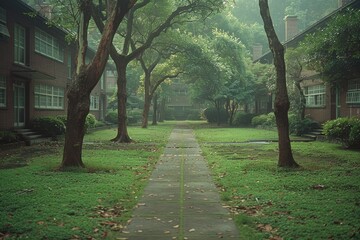 Fototapeta premium Brick Buildings and a Path Through Lush Green Foliage