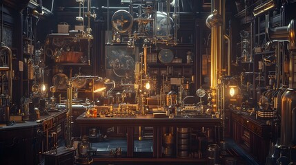Fototapeta premium A detailed steampunk laboratory filled with complex machinery, gears, and vintage equipment, evoking a sense of industrial innovation and fantasy.