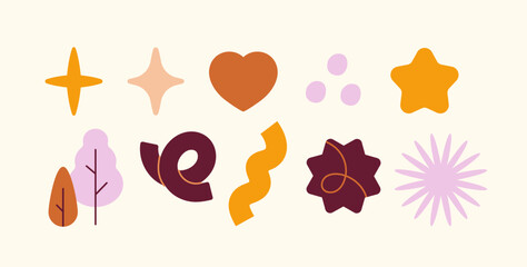 Children cute boho stickers set. Heart, star and leaves. Bohemian style icons. Trendy patterns and ornaments. Graphic element of website. Flat vector collection isolated on beige background