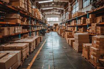 Fototapeta premium Cardboard Boxes Stacked on Shelves in a Warehouse