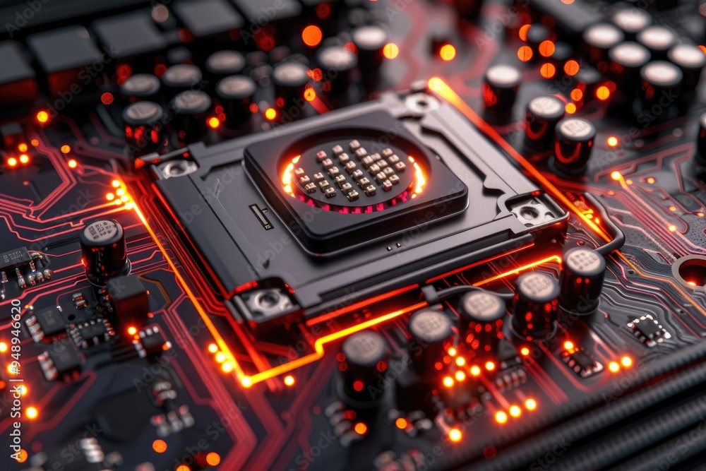 Poster close-up of a cpu socket on a motherboard with glowing red circuitry