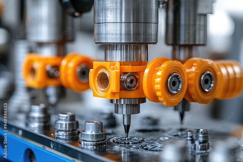 Poster close-up of a cnc machine with a drill bit and orange parts