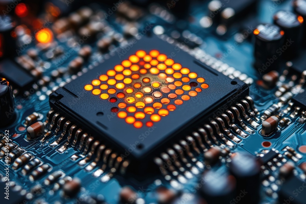 Wall mural close-up of a glowing microchip on a circuit board